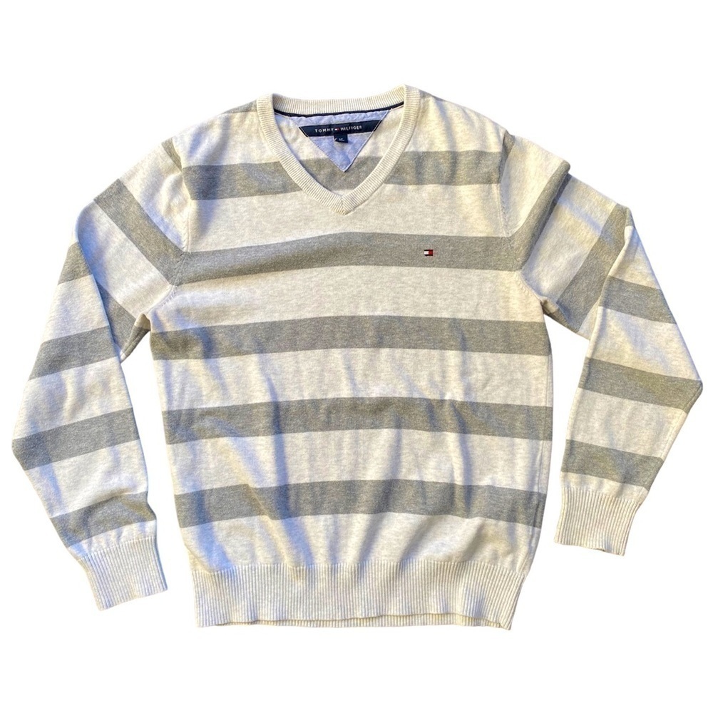 Tommy Hilfiger Gray Cream Striped V Neck Sweater Small